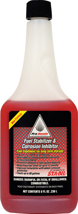 Bottle of Pro Honda Sta-Bil fuel stabilizer and corrosion inhibitor