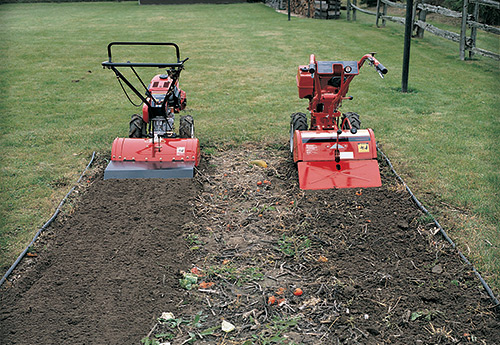 Honda tiller, on the left, produces finely tilled, loam grade soil compared to the other tiller on the right