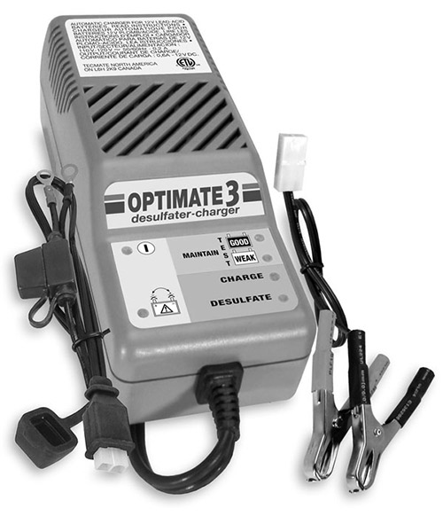Optimate 3+ desulfater-charger in black and white